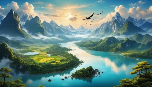 fantasy landscape,landscape background,mountainous landscape,fantasy picture,river landscape,mountain landscape,beautiful landscape,world digital painting,mountainous landforms,nature landscape,fantasy art,mountain scene,mountain world,landscapes beautiful,mountain valleys,high landscape,an island far away landscape,the landscape of the mountains,cartoon video game background,panoramic landscape,Photography,General,Realistic