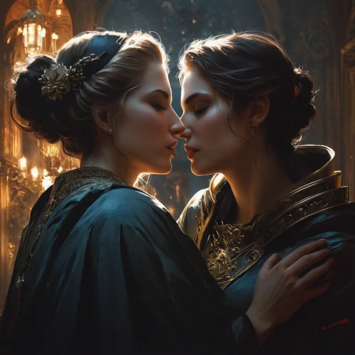 romantic portrait,girl kiss,accolade,gothic portrait,two girls,amorous,mother kiss,kissing,mother and daughter,kiss,first kiss,fantasy portrait,princesses,a fairy tale,romantic scene,fantasy picture,kisses,fairy tale,mirror of souls,mirror image,Conceptual Art,Fantasy,Fantasy 11