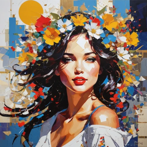 girl in flowers,girl in a wreath,beautiful girl with flowers,wreath of flowers,boho art,blooming wreath,flower painting,floral wreath,falling flowers,colorful floral,kahila garland-lily,young woman,flower girl,girl portrait,flora,jasmine blossom,floral,flower crown,art painting,bright flowers,Conceptual Art,Oil color,Oil Color 07