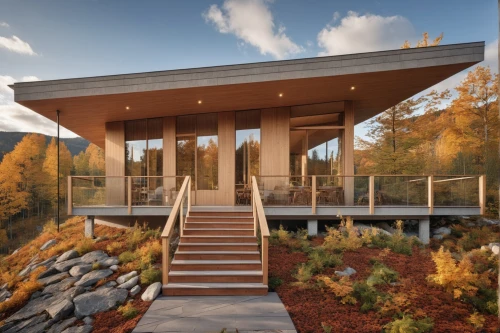 dunes house,timber house,corten steel,eco-construction,visitor center,cubic house,eco hotel,modern architecture,outdoor structure,folding roof,summer house,modern house,mid century house,wood deck,observation deck,forest chapel,roof landscape,house in the mountains,the cabin in the mountains,ruhl house,Photography,General,Realistic