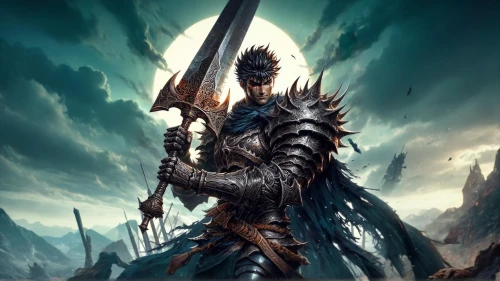 fantasy warrior,heroic fantasy,lone warrior,warlord,knight armor,massively multiplayer online role-playing game,dane axe,crusader,excalibur,wall,cleanup,fantasy art,knight,armored,centurion,paladin,the warrior,king sword,dragon slayer,black dragon