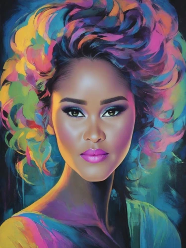 oil painting on canvas,chalk drawing,neon body painting,art painting,colour pencils,african american woman,airbrushed,color pencils,mystical portrait of a girl,colored pencils,psychedelic art,fantasy portrait,boho art,coloured pencils,oil painting,african woman,colorful background,black woman,artistic portrait,world digital painting