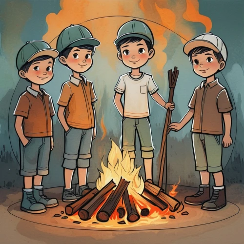 kids illustration,campfire,boy scouts,campfires,camp fire,scouts,boy scouts of america,chibi kids,bonfire,mallow family,boy's hats,campers,chibi children,game illustration,little league,cute cartoon image,miners,stick kids,wildfire,forest workers,Illustration,Realistic Fantasy,Realistic Fantasy 23