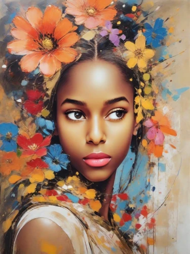 girl in flowers,oil painting on canvas,girl in a wreath,flower painting,boho art,art painting,oil painting,mystical portrait of a girl,african art,flower art,beautiful girl with flowers,african woman,oil on canvas,girl portrait,african daisies,african american woman,young woman,flora,afro american girls,portrait of a girl