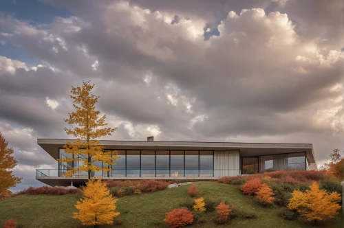 fall landscape,modern house,dupage opera theatre,dunes house,mid century house,performing arts center,house with lake,modern architecture,visitor center,house in the mountains,luxury home,autumn landscape,beautiful home,glass facade,fall foliage,cube house,house in mountains,mid century modern,futuristic art museum,kettunen center,Photography,General,Realistic