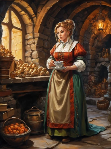 girl with bread-and-butter,dwarf cookin,girl in the kitchen,candlemaker,woman holding pie,gingerbread maker,merchant,shopkeeper,medieval market,bakery,winemaker,confectioner,milkmaid,greengrocer,woman eating apple,artisan,peddler,schnecken,apothecary,apfelwein,Art,Classical Oil Painting,Classical Oil Painting 01