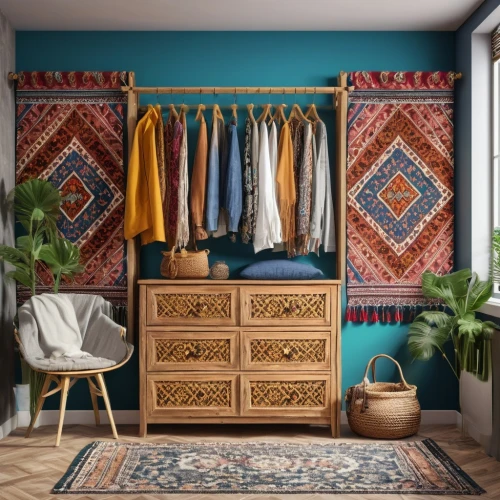 walk-in closet,moroccan pattern,patterned wood decoration,boho,ethnic design,armoire,room divider,boy's room picture,boho art,interior design,storage cabinet,interior decor,turquoise wool,interior decoration,laundry room,danish room,closet,dresser,women's closet,boho background,Photography,General,Realistic