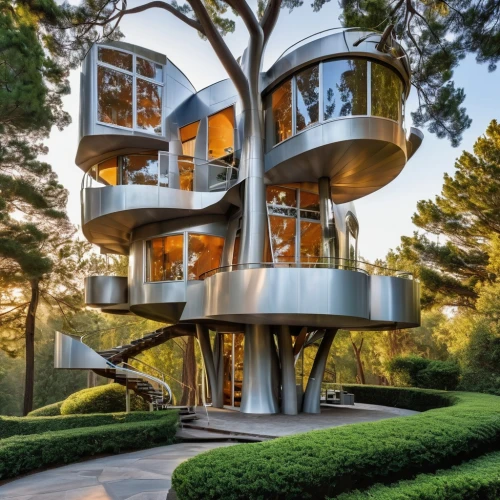 tree house,futuristic architecture,tree house hotel,treehouse,mirror house,modern architecture,cubic house,observation tower,modern house,cube house,mid century modern,smart house,futuristic art museum,observation deck,mid century house,the observation deck,spiral staircase,luxury real estate,steel sculpture,dunes house,Photography,General,Realistic