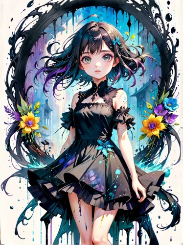 transparent background,floral background,flower fairy,falling flowers,flower background,piko,hatsune miku,gomashio,crow queen,flora,black and dandelion,fallen petals,anemone,fae,alice,parasol,gothic dress,hinata,rain lily,myosotis,Anime,Anime,Realistic