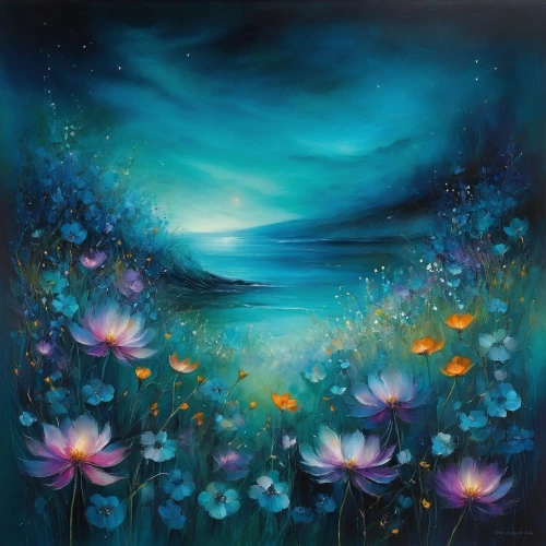 flower painting,blue daisies,sea of flowers,kahila garland-lily,cosmos field,water lilies,splendor of flowers,flower field,falling flowers,scattered flowers,daisies,flower meadow,flower background,cosmos autumn,carol colman,field of flowers,blue petals,blue flowers,blooming field,wildflowers,Conceptual Art,Daily,Daily 32