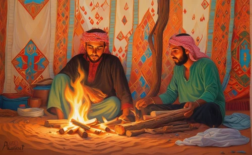 bedouin,khokhloma painting,merzouga,persian norooz,campfire,indian tent,three wise men,the three wise men,oil painting on canvas,jordanian,iranian nowruz,islamic lamps,eid-al-adha,fortune teller,oil painting,wise men,arabic background,arab night,gypsy tent,snake charmers,Conceptual Art,Daily,Daily 15