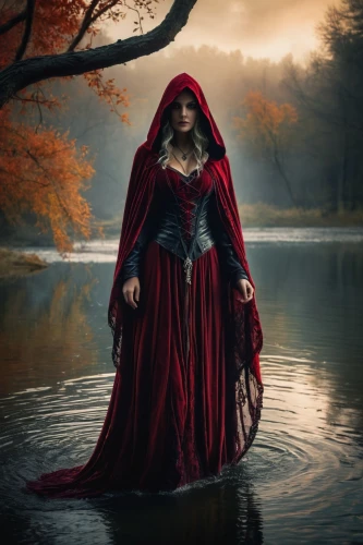 red riding hood,little red riding hood,sorceress,scarlet witch,the enchantress,red cape,rusalka,gothic woman,red coat,fantasy woman,fantasy picture,vampire woman,queen of hearts,celtic queen,the witch,girl on the river,gothic fashion,lady in red,gothic portrait,red gown,Photography,General,Fantasy