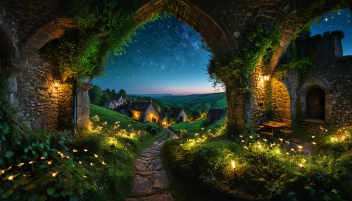 hobbiton,fantasy picture,fantasy landscape,fairy village,the mystical path,fairytale,fairy tale castle,pathway,archway,enchanted,the threshold of the house,fairytale castle,fairy tale,a fairy tale,3d fantasy,secret garden of venus,fairy door,to the garden,towards the garden,fantasy art,Photography,General,Fantasy