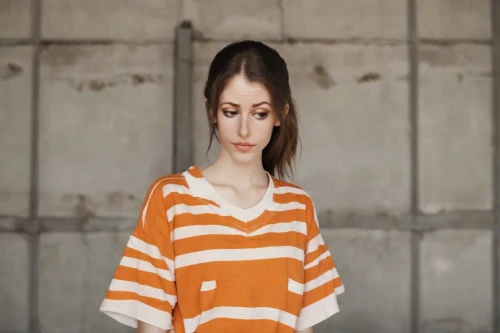 long-sleeved t-shirt,isolated t-shirt,girl in t-shirt,photo session in torn clothes,video scene,depressed woman,women clothes,horizontal stripes,women's clothing,orange,girl in a long,female model,striped background,blouse,character animation,orange robes,orange color,drug rehabilitation,female doll,digital compositing,Photography,Natural