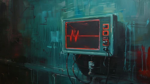 transistor,ekg,cyberpunk,analog television,television,sci fi surgery room,echo,heartbeat,voltage,virus,transistor checking,oil on canvas,heart monitor,heart traffic light,old elektrolok,doctor's room,oscilloscope,ventilator,oil painting on canvas,computer art