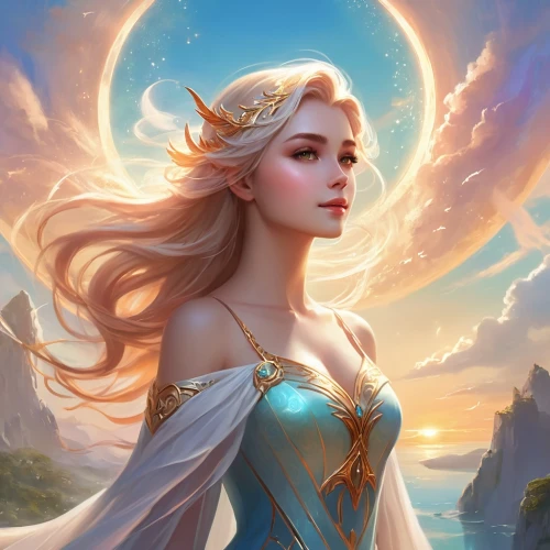 fantasy portrait,fantasy picture,fantasy art,zodiac sign libra,fantasy woman,fantasia,mystical portrait of a girl,elsa,cg artwork,heroic fantasy,aurora,sun moon,rosa ' amber cover,portrait background,sorceress,show off aurora,elven,rapunzel,libra,fairy queen,Illustration,Realistic Fantasy,Realistic Fantasy 01