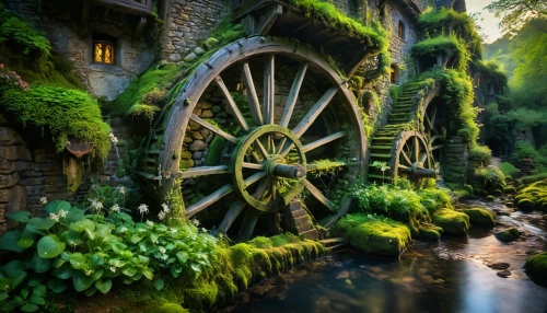 water wheel,water mill,old mill,dutch mill,potter's wheel,mill,fantasy picture,old wooden wheel,wooden wheel,flour mill,ireland,hobbiton,green waterfall,ships wheel,fairy tale,iron wheels,a fairy tale,3d fantasy,fairytale,fairy village,Photography,General,Fantasy