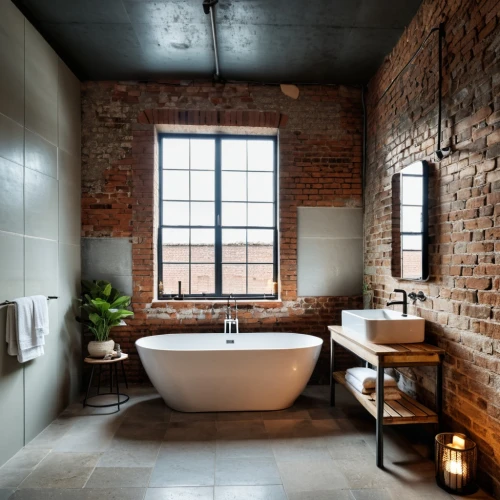 luxury bathroom,modern minimalist bathroom,bathtub,bathroom,tiled wall,washbasin,shower bar,baths,sand-lime brick,bathtub accessory,tile kitchen,clay tile,ceramic tile,tub,contemporary decor,cistern,red brick wall,modern decor,brick house,bath accessories,Photography,General,Realistic