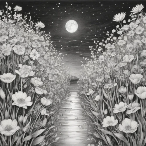cotton grass,blooming field,moonlit night,field of flowers,flower field,meadow daisy,dandelion meadow,sea of flowers,dandelion field,cosmos field,moonlight cactus,flower meadow,the night of kupala,moonlit,moonflower,flowers field,moonlight,beach moonflower,full moon,moon night,Illustration,Black and White,Black and White 30