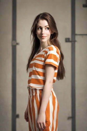 striped background,horizontal stripes,jumpsuit,prisoner,orange robes,orange,yellow jumpsuit,stripes,torn dress,prison,portrait background,orange color,girl in a long dress,striped,women's clothing,retro woman,liberty cotton,nice dress,bright orange,plus-size model,Photography,Natural