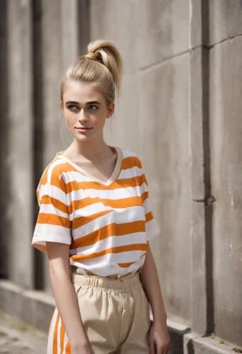 horizontal stripes,pixie-bob,stripes,girl in t-shirt,menswear for women,striped background,striped,stripe,bright orange,girl in a historic way,street fashion,pin stripe,blogger icon,young model istanbul,orange half,orange,fashion street,fashionable girl,orla,trinity college,Photography,Natural