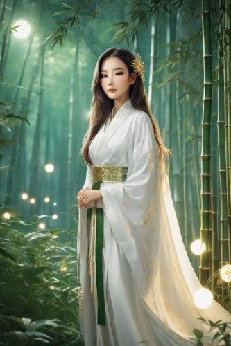 fantasy picture,ao dai,oriental princess,faerie,hanbok,mystical portrait of a girl,fairy queen,fantasy portrait,the enchantress,fairy tale character,moonflower,faery,fantasy art,forest background,fantasy woman,photo manipulation,bamboo flute,photomanipulation,korean culture,world digital painting,Photography,Natural
