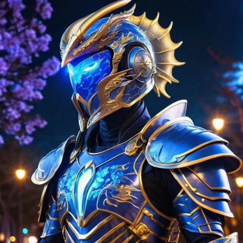 garuda,knight armor,mazda ryuga,light mask,alien warrior,golden mask,iron mask hero,masquerade,blue demon,drg,gold mask,knight star,knight,armored,dark blue and gold,sigma,armor,nova,knight festival,nebula guardian,Photography,General,Realistic