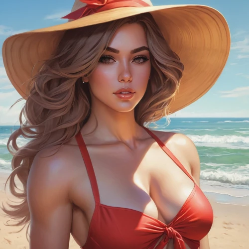 sun hat,beach background,high sun hat,man in red dress,summer hat,red hat,panama hat,straw hat,red summer,lady in red,sombrero,ordinary sun hat,womans seaside hat,girl wearing hat,the hat-female,girl in red dress,leather hat,mock sun hat,digital painting,red gown,Conceptual Art,Fantasy,Fantasy 03