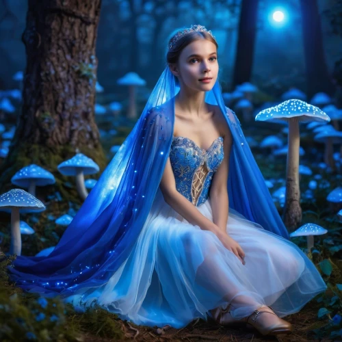 blue enchantress,fantasy picture,faerie,cinderella,fairy queen,faery,fairy tale character,blue moon rose,blue mushroom,fairy forest,fairy,fairy tale,fae,fantasy art,a fairy tale,fairy world,fairytales,ballerina in the woods,children's fairy tale,fairy peacock,Photography,General,Realistic