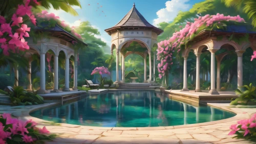 wishing well,oasis,idyllic,rosarium,water palace,pool house,fantasy landscape,crescent spring,spring background,underwater oasis,lily pond,tropical bloom,lilly pond,landscape background,idyll,springtime background,garden of the fountain,dandelion hall,flora,fantasy picture,Photography,General,Natural