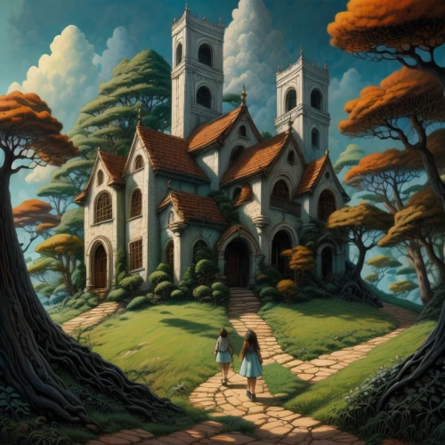 church painting,fantasy landscape,witch's house,fairy tale castle,knight village,fantasy picture,world digital painting,home landscape,studio ghibli,druid grove,game illustration,knight's castle,monastery,mushroom landscape,3d fantasy,fairy village,house in the forest,fantasy art,dandelion hall,escher village