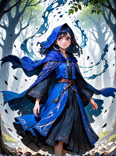 blue enchantress,monsoon banner,winterblueher,indigo,anime japanese clothing,fairy tale character,little girl in wind,fuki,2d,fantasia,blue bird,flying girl,blue painting,transparent background,fantasy picture,girl with tree,cg artwork,mystical portrait of a girl,children's fairy tale,summoner,Anime,Anime,General