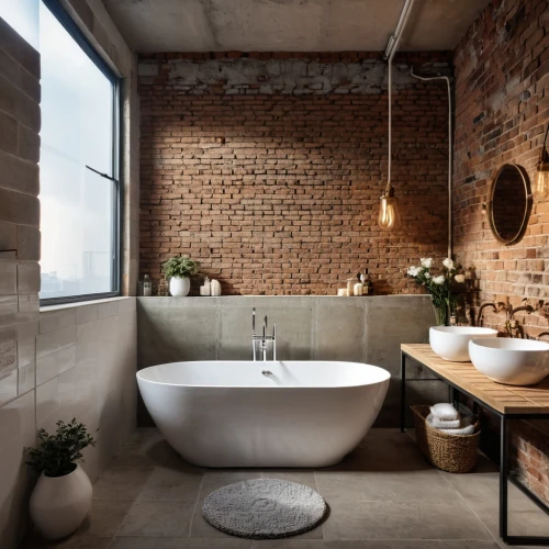 modern minimalist bathroom,tiled wall,luxury bathroom,bathtub,tile kitchen,red brick wall,clay tile,ceramic tile,sand-lime brick,brickwork,tiles,almond tiles,bathroom,red brick,washbasin,baths,tiling,brick house,shower bar,bathtub accessory,Photography,General,Realistic