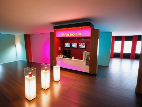 lobby,a museum exhibit,cosmetics counter,soda machine,cinema 4d,digital cinema,movie theater,3d render,search interior solutions,3d rendering,interior decoration,game room,modern room,lighting system,cinema,neon coffee,colored lights,soda fountain,ice cream shop,visual effect lighting,Photography,General,Realistic