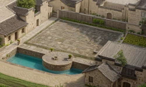 moated castle,medieval castle,courtyard,stone houses,templar castle,city moat,castleguard,roof landscape,new castle,medieval architecture,medieval,private estate,castle complex,help great bath ruins,alhambra,volterra,3d rendering,thermae,knight village,château