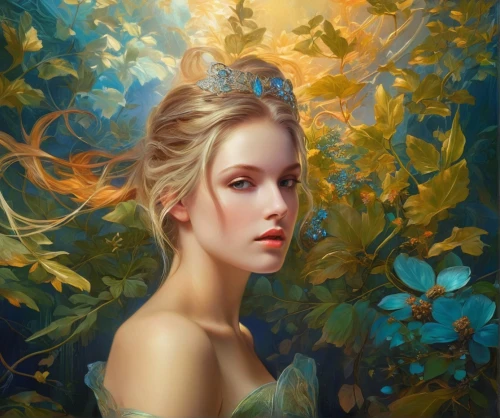 mystical portrait of a girl,fantasy portrait,romantic portrait,girl in a wreath,faerie,faery,girl with tree,dryad,oil painting on canvas,fantasy art,girl in the garden,oil painting,jessamine,magnolia,golden lilac,fairy queen,portrait background,young woman,world digital painting,the blonde in the river,Conceptual Art,Fantasy,Fantasy 05