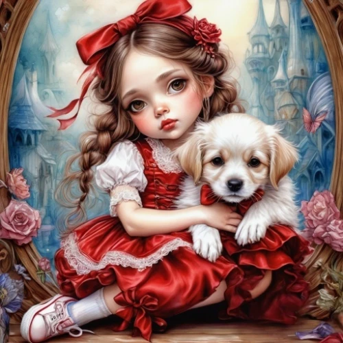 girl with dog,gothic portrait,fairy tale character,little red riding hood,romantic portrait,children's fairy tale,little boy and girl,vintage boy and girl,boy and dog,little princess,alice,little girl,child portrait,children's background,the little girl,king charles spaniel,painter doll,fairy tale,fantasy picture,fantasy portrait