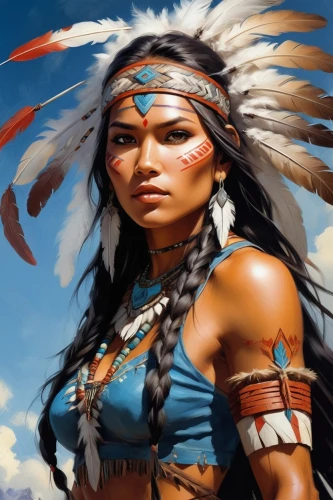 american indian,pocahontas,cherokee,native american,the american indian,warrior woman,amerindien,red cloud,native,tribal chief,indian headdress,first nation,female warrior,indigenous,aborigine,shamanism,cheyenne,shamanic,feather headdress,indigenous painting,Illustration,Realistic Fantasy,Realistic Fantasy 01