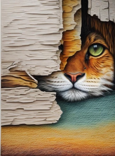 fabric painting,street art,streetart,toyger,meticulous painting,paper art,bengal,graffiti art,wood art,urban street art,oil painting on canvas,tabby cat,a tiger,tiger,felidae,painting technique,alley cat,street cat,colored pencil background,wall painting,Common,Common,Natural