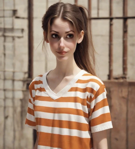 girl in t-shirt,horizontal stripes,isolated t-shirt,polo shirt,in a shirt,cotton top,female model,girl in a long,tshirt,long-sleeved t-shirt,striped background,realdoll,tee,wooden mannequin,liberty cotton,women clothes,vintage girl,beautiful young woman,women's clothing,the girl's face,Photography,Natural