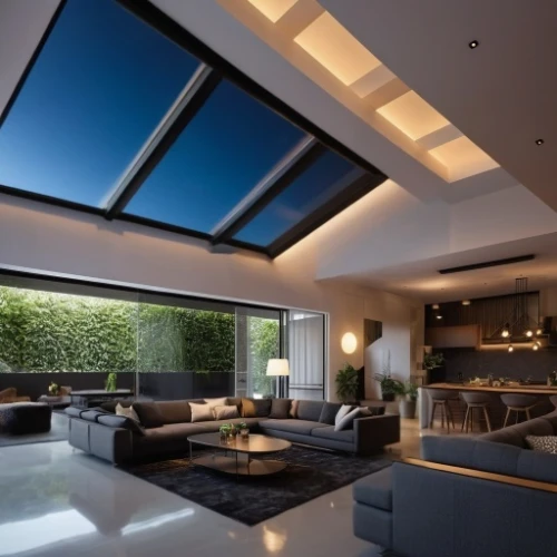 glass roof,skylight,roof lantern,concrete ceiling,interior modern design,stucco ceiling,modern living room,luxury home interior,ceiling lighting,folding roof,ceiling fixture,contemporary decor,ceiling ventilation,sky apartment,loft,ceiling-fan,great room,ceiling light,modern decor,ceiling construction