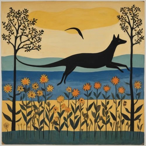 greyhound,north sea oats,field hare,whimsical animals,carol colman,aboriginal painting,flower and bird illustration,fall animals,sewing silhouettes,deer illustration,animal silhouettes,yellow grass,indigenous painting,polish greyhound,hare field,folk art,canidae,hare trail,kelpie,hares,Art,Artistic Painting,Artistic Painting 47