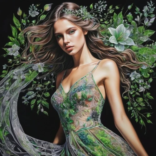 dryad,girl in flowers,faerie,faery,flora,girl in a wreath,poison ivy,boho art,oil painting on canvas,fairy queen,the enchantress,beautiful girl with flowers,fantasy art,fairy peacock,lilac blossom,linden blossom,floral wreath,girl in the garden,jasmine blossom,art painting