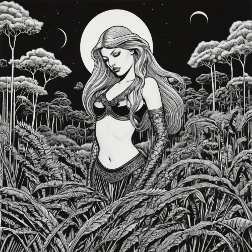 secret garden of venus,woman of straw,in the tall grass,mother earth,rusalka,pregnant woman icon,woodcut,the night of kupala,virgo,capricorn mother and child,ferns,lily of the field,venus,crops,fantasy woman,garden of eden,hand-drawn illustration,sweetgrass,free land-rose,girl on the dune,Illustration,Black and White,Black and White 18