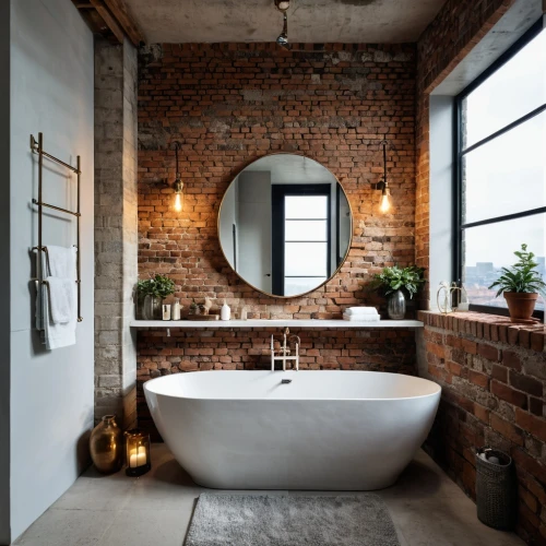 modern minimalist bathroom,luxury bathroom,bathtub,bathtub accessory,tiled wall,baths,tub,bathroom,bath,washbasin,bath accessories,loft,shower bar,red brick wall,stone sink,modern decor,red brick,brick house,contemporary decor,bathroom sink,Photography,General,Realistic