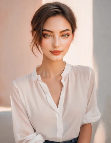 portrait background,elegant,romantic look,fashion vector,natural cosmetic,eurasian,white shirt,romantic portrait,vietnamese,digital painting,female model,realdoll,model beauty,model,cotton top,mulan,birce akalay,maya,pretty young woman,art model,Photography,Realistic