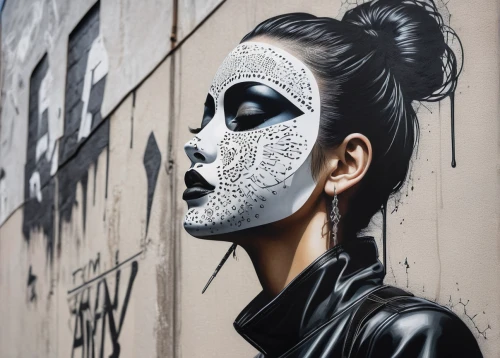 geisha,street artist,geisha girl,anonymous mask,face paint,masque,mask,masquerade,woman face,hanging mask,streetart,masks,woman's face,urban street art,venetian mask,street artists,golden mask,masked,street art,graffiti art,Art,Artistic Painting,Artistic Painting 44