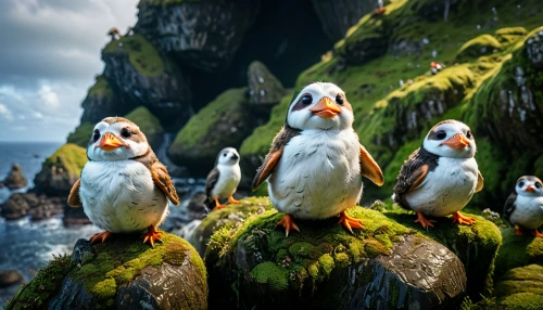 puffins,seabirds,arctic birds,atlantic puffin,king penguins,penguins,puffin,penguin parade,rare parrots,sea birds,storks,birds of the sea,island residents,perched birds,sea scouts,group of birds,bird island,rock penguin,parrots,wild birds,Photography,General,Fantasy