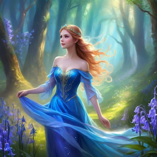 fantasy picture,blue enchantress,celtic woman,faerie,fairy queen,fantasy art,fantasy portrait,bluebell,faery,fairy tale character,cinderella,mystical portrait of a girl,enchanted,enchanting,fairy forest,fantasy woman,fae,enchanted forest,rosa 'the fairy,ballerina in the woods,Illustration,Realistic Fantasy,Realistic Fantasy 01