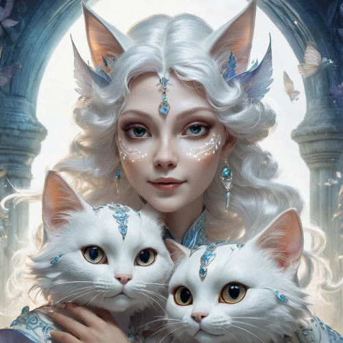 fantasy portrait,white cat,fantasy art,kittens,the snow queen,fantasy picture,fairy tale icons,white rose snow queen,cat family,felines,elsa,custom portrait,cat with blue eyes,two cats,cat lovers,fairytale characters,capricorn mother and child,blue enchantress,cats,eternal snow,Illustration,Realistic Fantasy,Realistic Fantasy 02